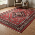 A classic traditional area rug with a large central diamond medallion in red, black, and off-white.