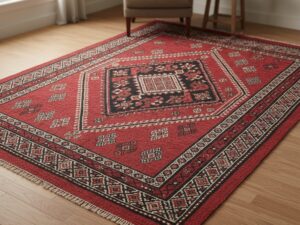 A classic traditional area rug with a large central diamond medallion in red, black, and off-white.