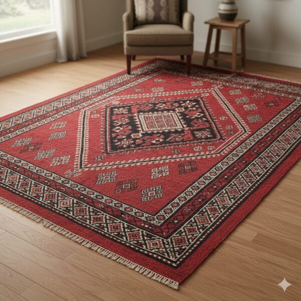 A classic traditional area rug with a large central diamond medallion in red, black, and off-white.