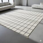 A minimalist area rug with a thin black grid pattern on a cream-white background.