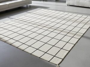 A minimalist area rug with a thin black grid pattern on a cream-white background.