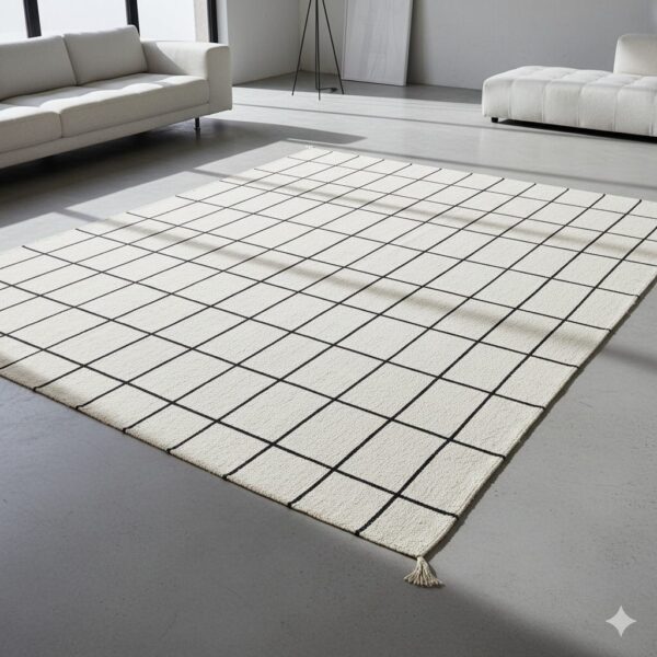 A minimalist area rug with a thin black grid pattern on a cream-white background.