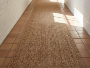 A long, rustic hallway runner made from 100% hand-braided natural jute.