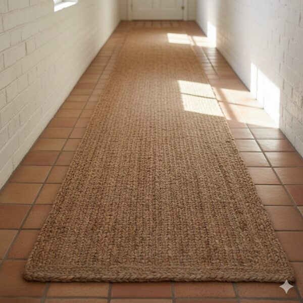 A long, rustic hallway runner made from 100% hand-braided natural jute.