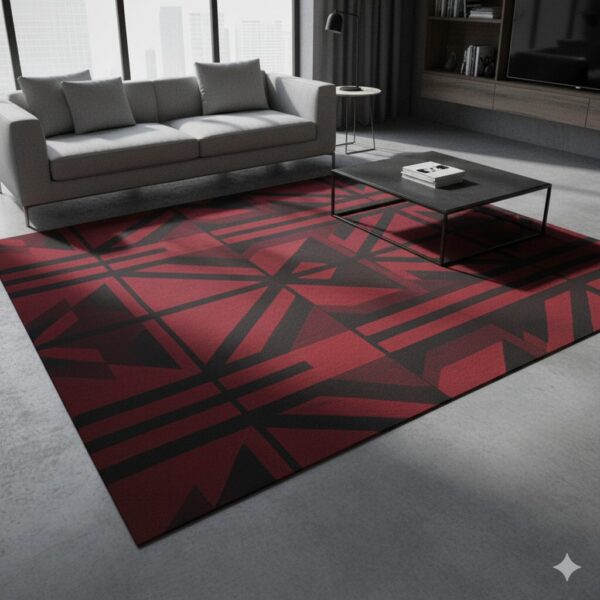A dramatic and bold area rug with crimson red and charcoal black geometric patterns.