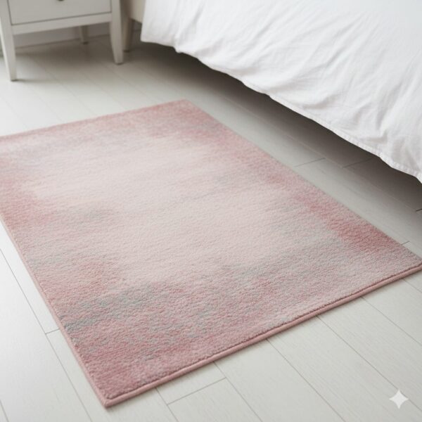 A soft and romantic accent rug with a gentle abstract pattern of dusty rose and grey.
