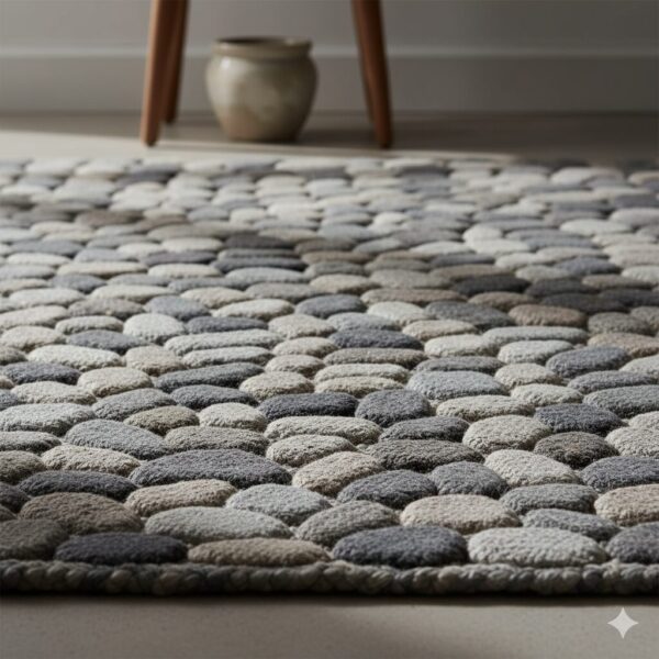 A highly textured and durable jute rug in multiple shades of grey, resembling river stones.