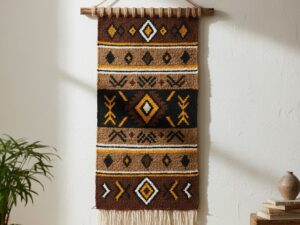 A wall tapestry featuring bold, ethnic tribal patterns in earthy brown, black, and ochre.
