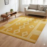 A cheerful and sunny area rug in mustard yellow with cream geometric patterns.
