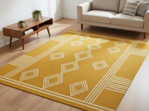 A cheerful and sunny area rug in mustard yellow with cream geometric patterns.