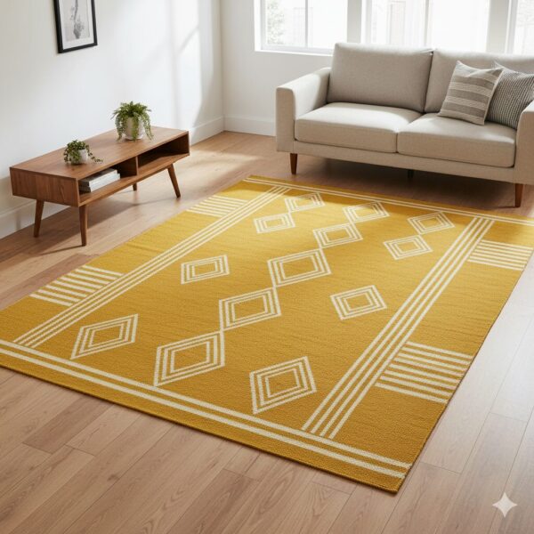 A cheerful and sunny area rug in mustard yellow with cream geometric patterns.