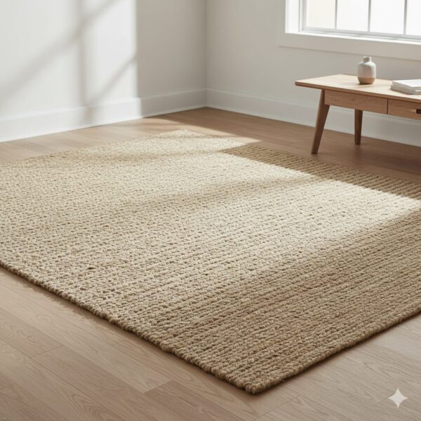 A timeless and versatile area rug in natural beige with a rich, chunky basketweave texture.