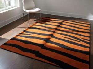 A bold and modern area rug with alternating stripes of deep black and vibrant burnt orange.