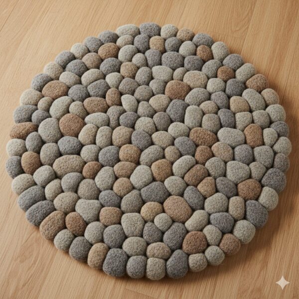 A unique accent rug with a multi-level weave that mimics the texture of riverbed pebbles.