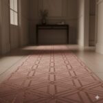 An elegant and luxurious hallway runner in dusty rose with a subtle rose-gold metallic pattern.