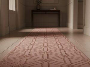 An elegant and luxurious hallway runner in dusty rose with a subtle rose-gold metallic pattern.