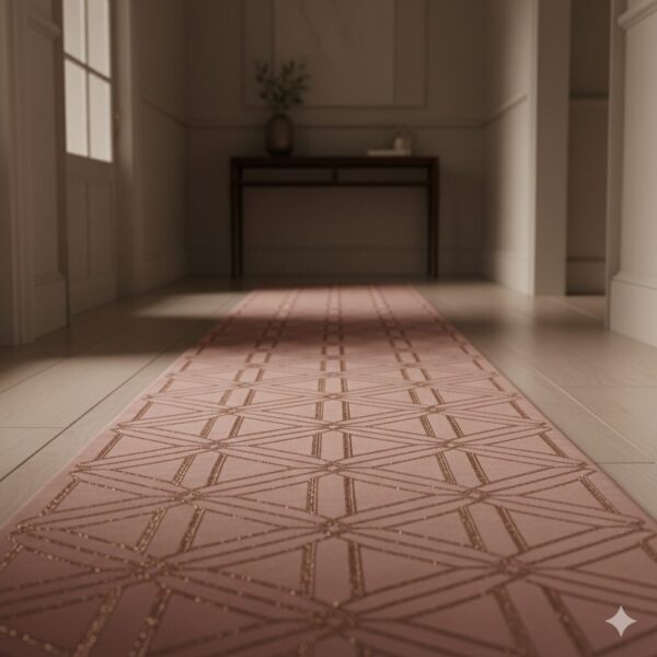An elegant and luxurious hallway runner in dusty rose with a subtle rose-gold metallic pattern.