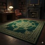 A luxurious, jewel-toned area rug in deep emerald green with intricate gold geometric patterns.