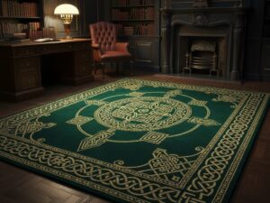 A luxurious, jewel-toned area rug in deep emerald green with intricate gold geometric patterns.