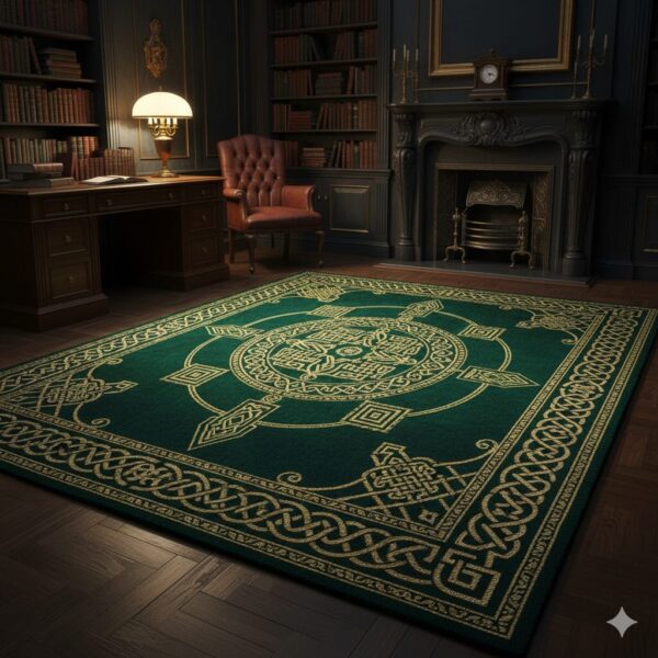 A luxurious, jewel-toned area rug in deep emerald green with intricate gold geometric patterns.