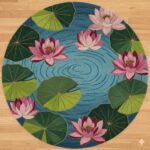 A round accent rug with a water lily design in shades of pink, green, and blue.