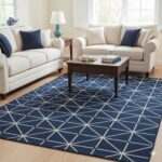 A classic navy blue and white area rug with a repeating geometric star pattern.