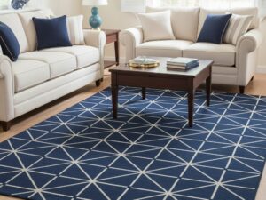 A classic navy blue and white area rug with a repeating geometric star pattern.