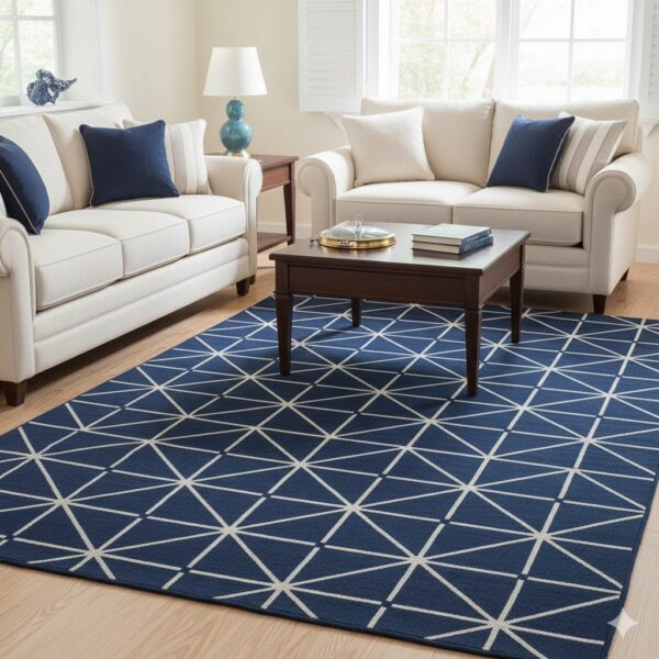 A classic navy blue and white area rug with a repeating geometric star pattern.