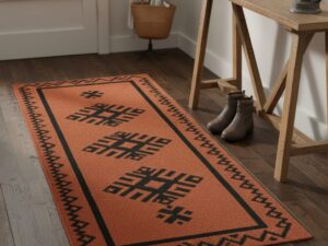 A warm, rustic hallway runner in a terracotta color with bold black traditional patterns.