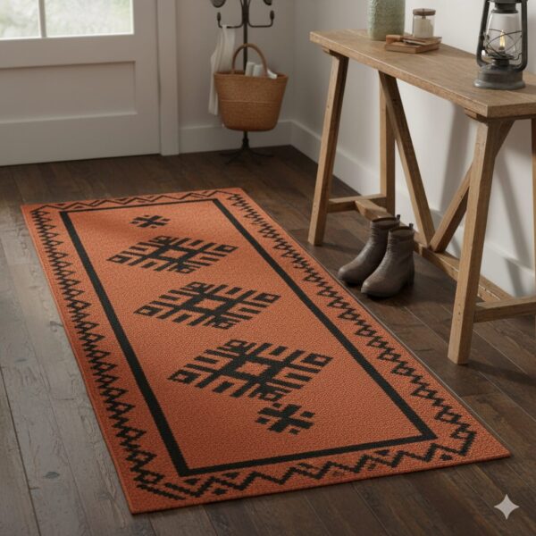 A warm, rustic hallway runner in a terracotta color with bold black traditional patterns.