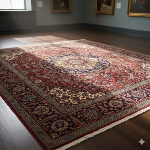 An heirloom-quality rug with an extremely complex and detailed central medallion and borders.
