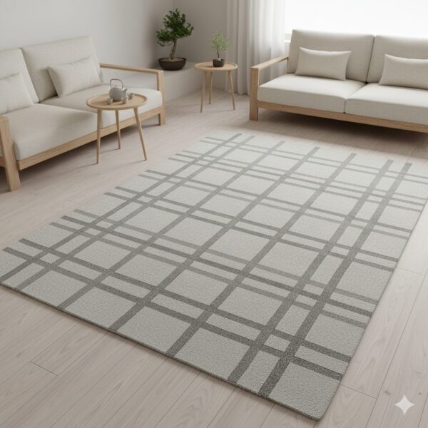 A subtle, minimalist grey rug with a tone-on-tone geometric pattern.