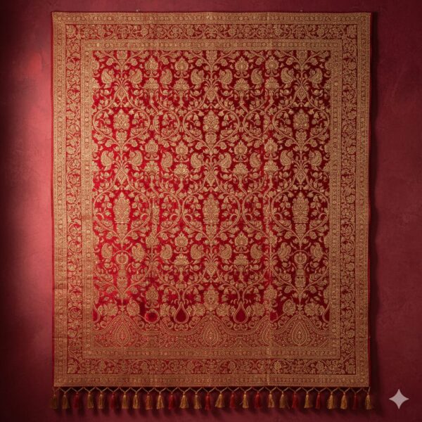 A luxurious wall tapestry in brilliant red with intricate, shimmering gold patterns, inspired by a wedding sari.