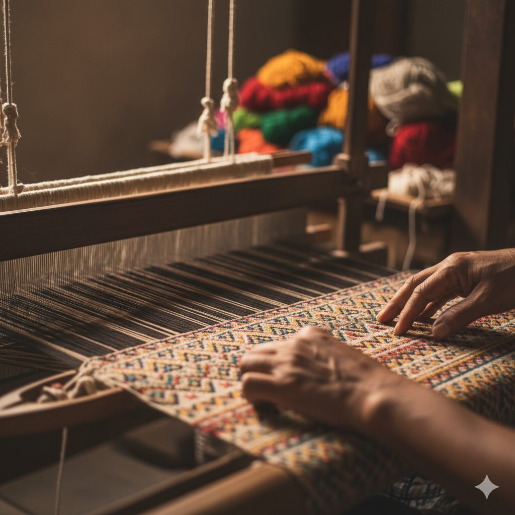 Close-up of artisan's hands meticulously weaving a Shatranji rug, highlighting the skill and traditional craftsmanship.